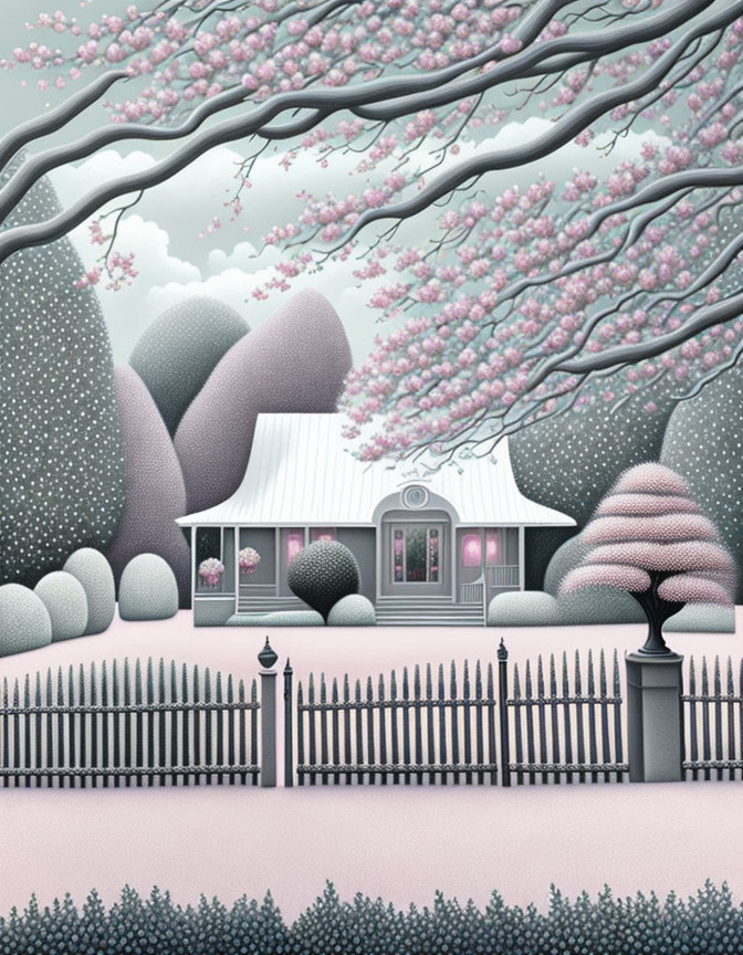 Quaint house with pink door in snowy landscape