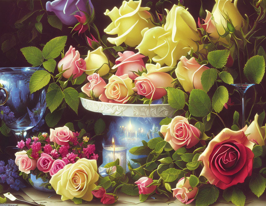 Colorful Multi-Colored Roses Arranged in Ornate Bowl with Candle