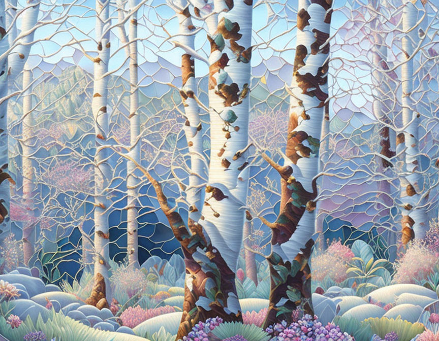 Fantastical painting of birch trees with intricate white patterns in lush undergrowth