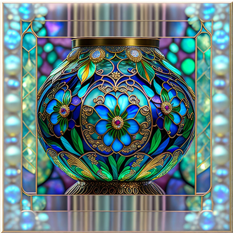 Intricate Blue and Gold Floral Patterned Vase on Multicolored Background