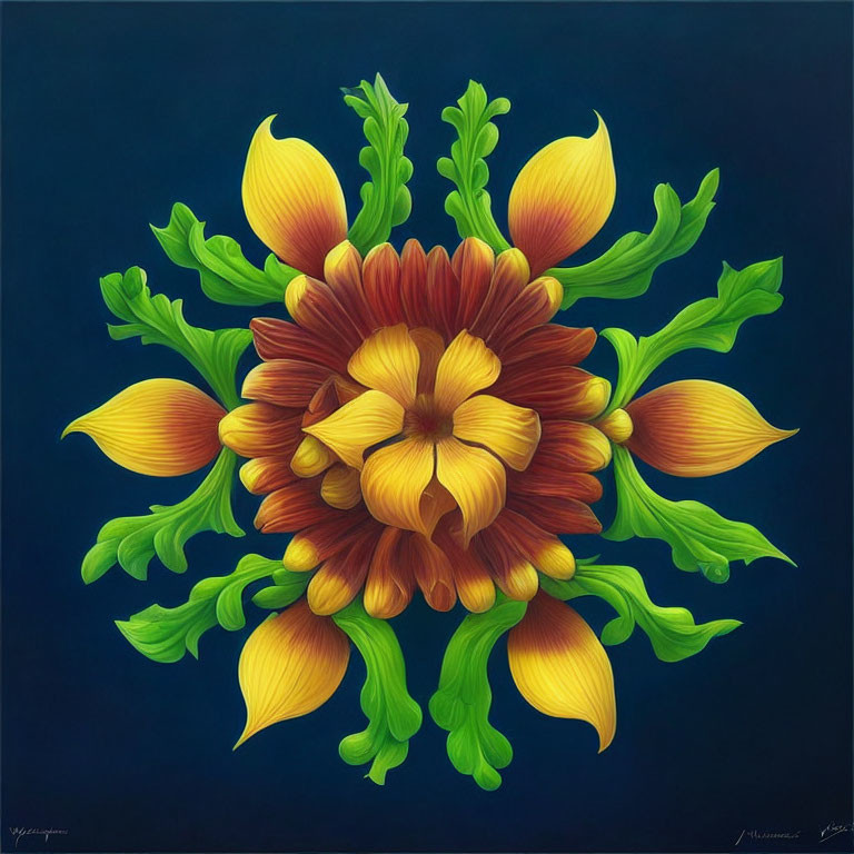 Symmetrical floral illustration with brown center on blue background