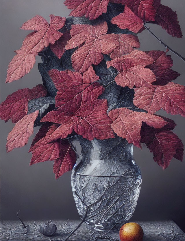 Realistic painting of glass vase with red leaves, fallen leaf, and apple on textured surface