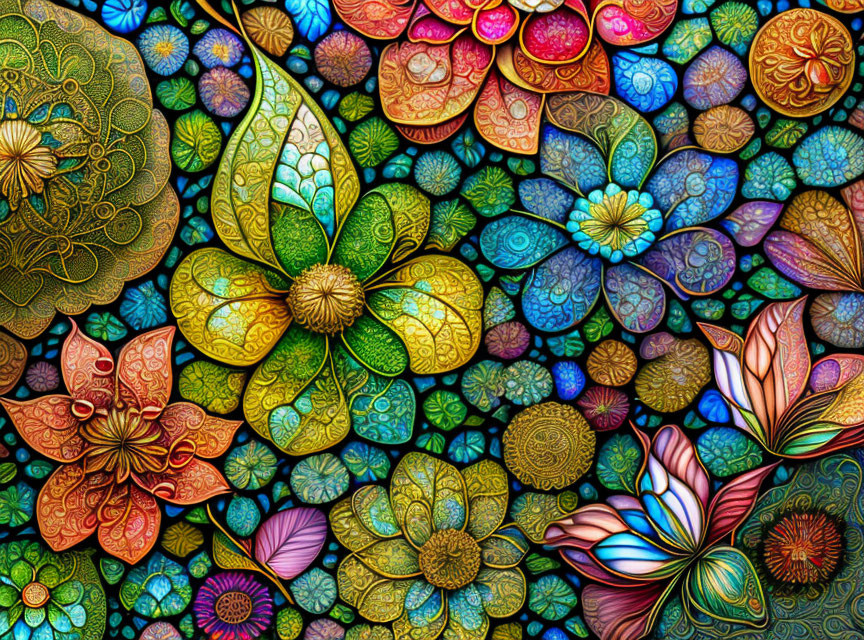 Colorful Flower Mosaic Artwork with Detailed Patterns