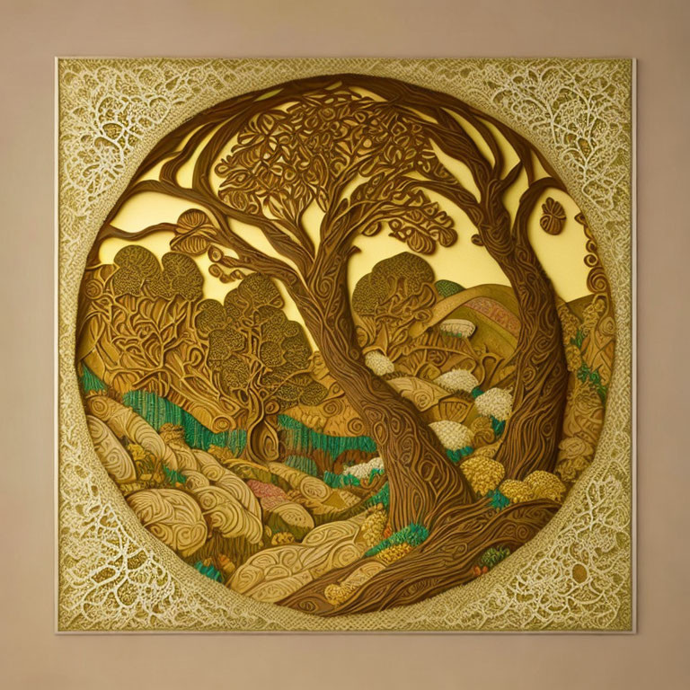 Circular Golden Artwork: Detailed Tree & Ornate Border