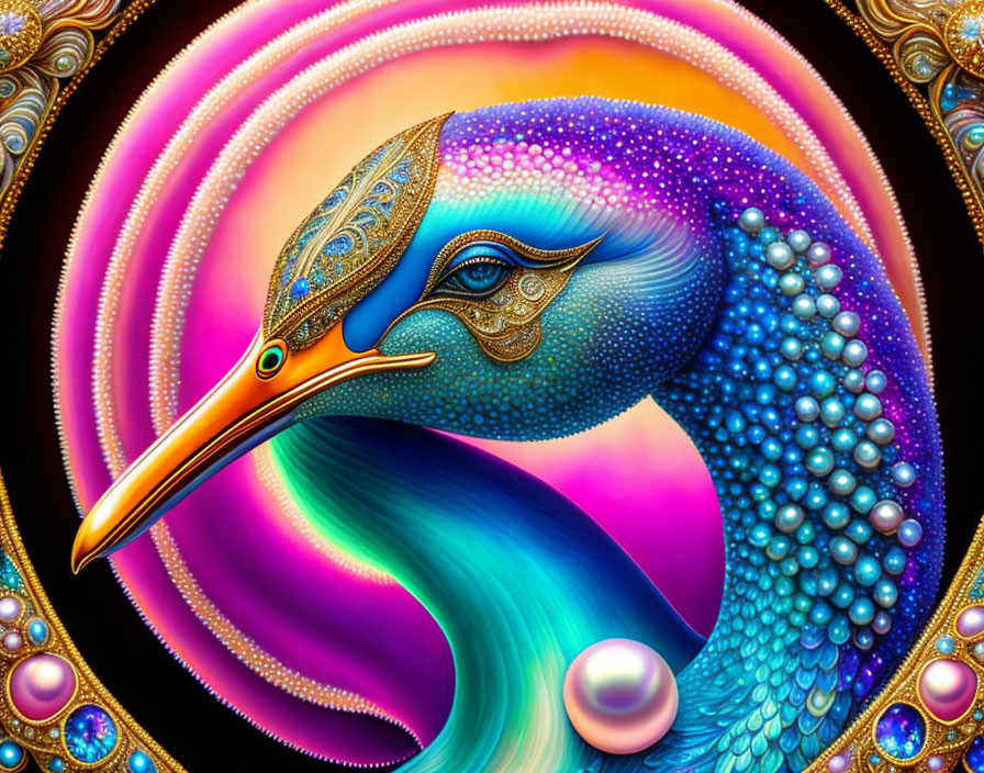 Colorful Peacock Artwork with Ornate Patterns and Pearls on Psychedelic Background