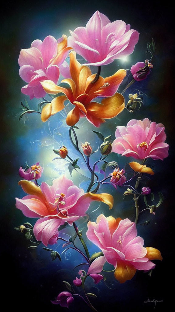 Colorful painting of pink and orange flowers on a dark, mystical background