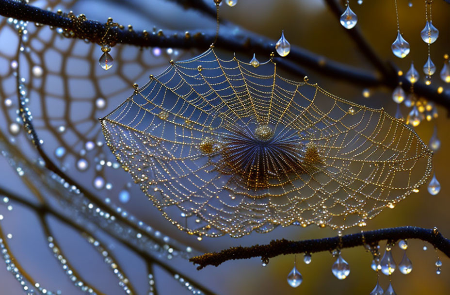 Intricate dew-covered spider's web between branches