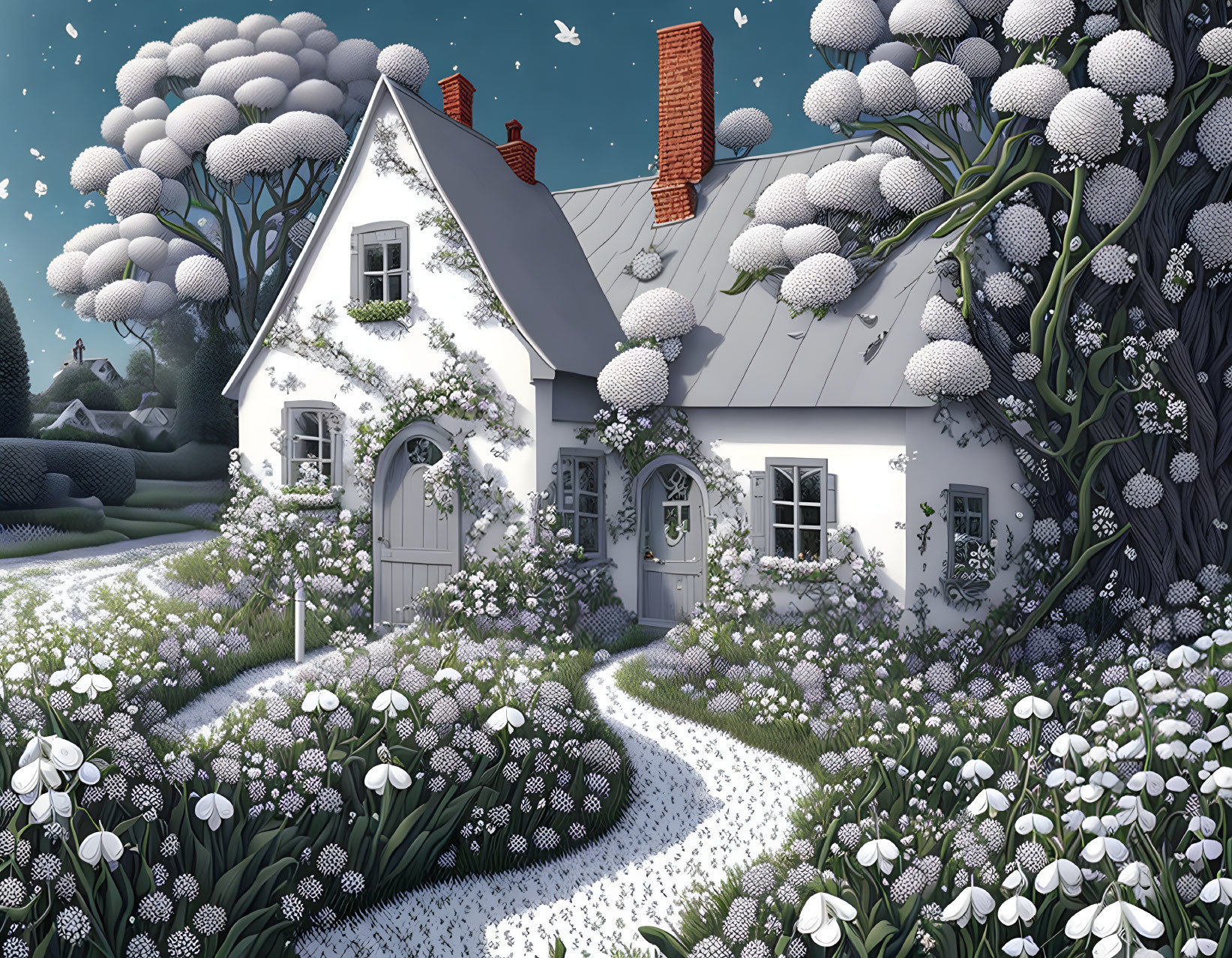 White Cottage in Fantastical Garden Under Starry Night Sky