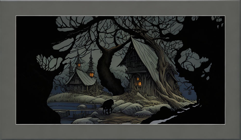 Stylized nocturnal cabin illustration in snowy forest with wolf