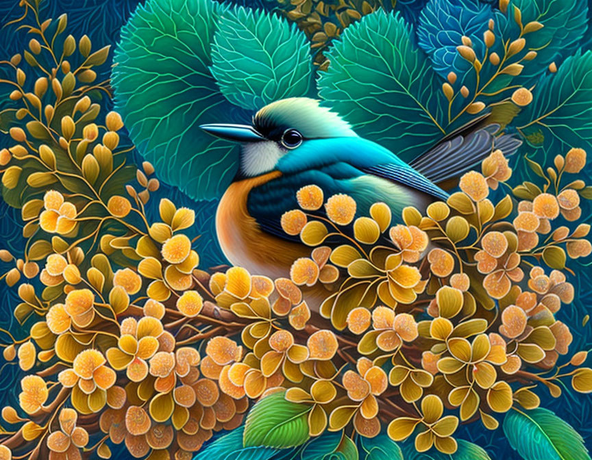 Colorful Blue Bird Among Golden Berries and Green Leaves Illustration