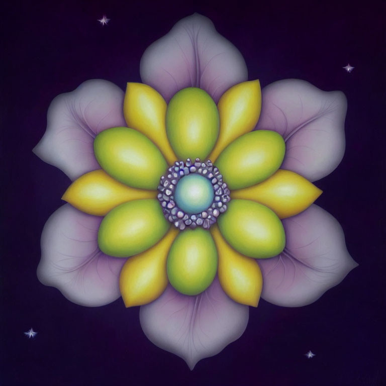 Symmetrical Yellow and Purple Flower Illustration on Dark Starry Background