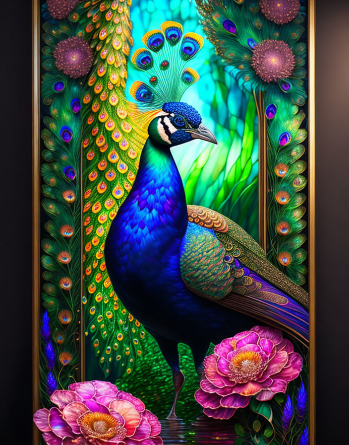 Colorful Peacock Illustration on Dark Background with Pink Flowers