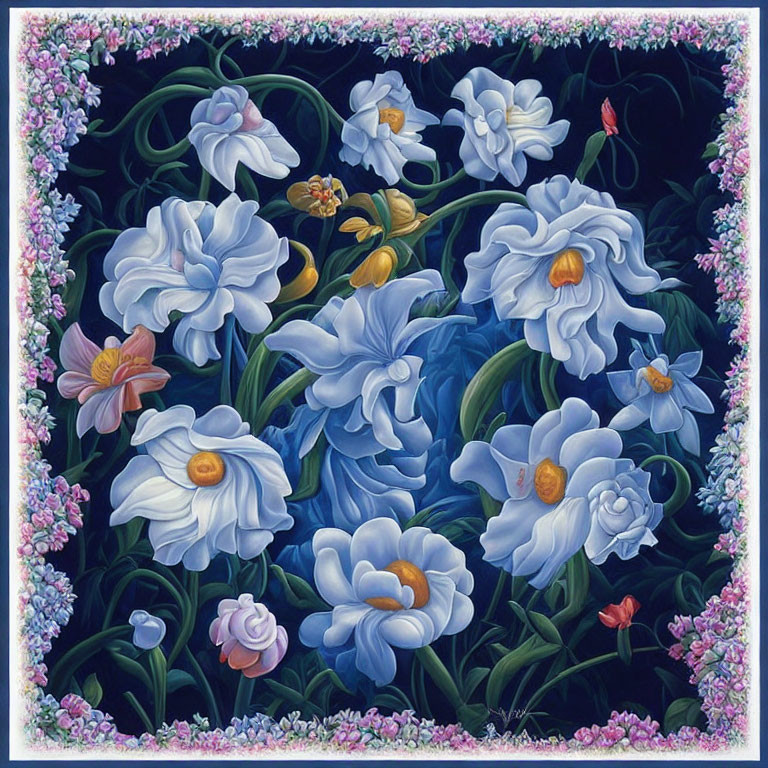 Colorful Floral Painting with Blue and White Flowers on Dark Background