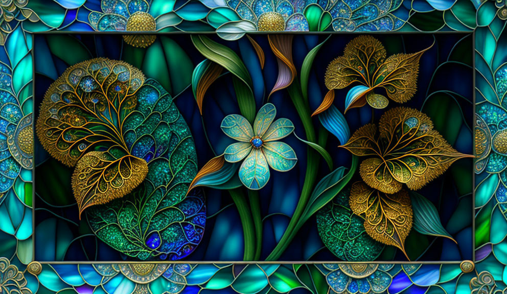 Colorful digital artwork of stylized flowers and peacock feathers with intricate patterns.