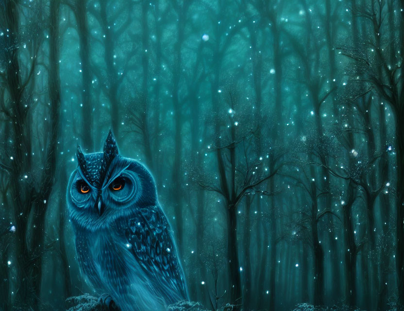 Blue owl in luminous forest with floating orbs - Enigmatic scene