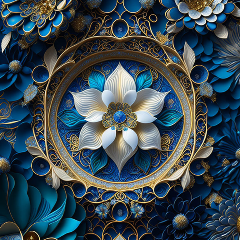 Symmetrical digital artwork with white and gold flower centerpiece surrounded by blue and gold floral patterns