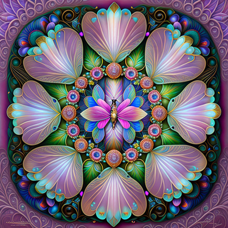 Symmetrical floral and shell-like digital mandala in purple, blue, and pink hues