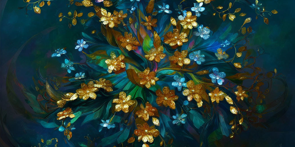 Colorful digital artwork: stylized flowers and leaves in gold and blue