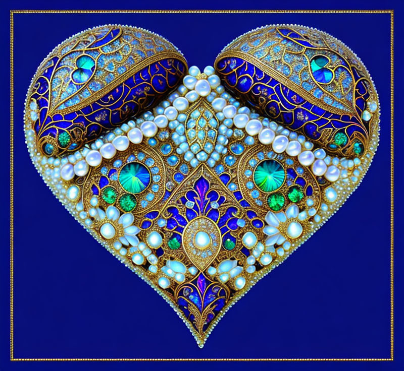 Intricately decorated heart with gold filigree, pearls, and blue gemstones on deep