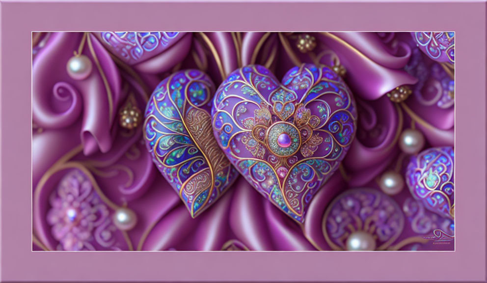 Decorative heart with intricate purple and gold patterns on stylized backdrop.