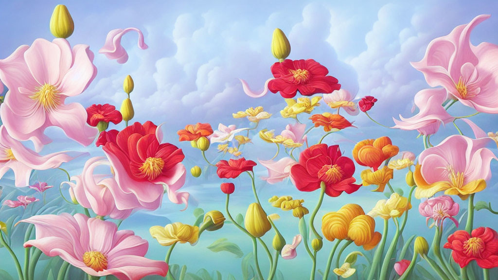 Colorful floral painting with red, pink, and yellow petals on a blue sky background