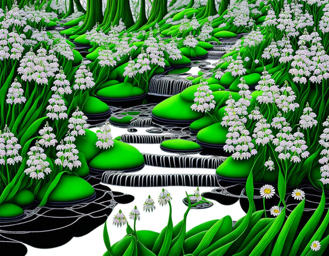 Digital artwork of lush scene with moss-covered stones, white flowers, and flowing streams.