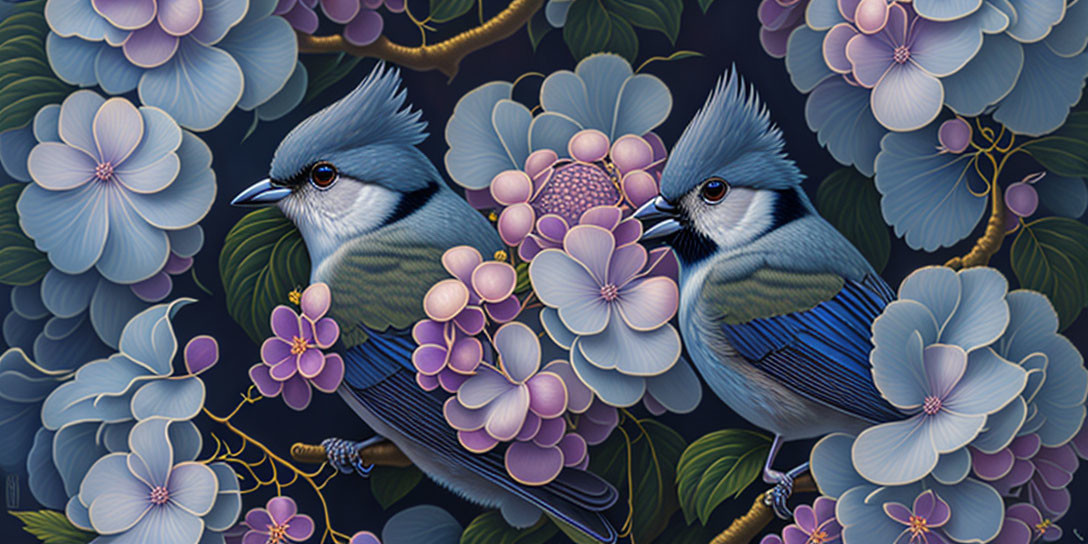 Vibrant blue jays with purple hydrangea on dark background