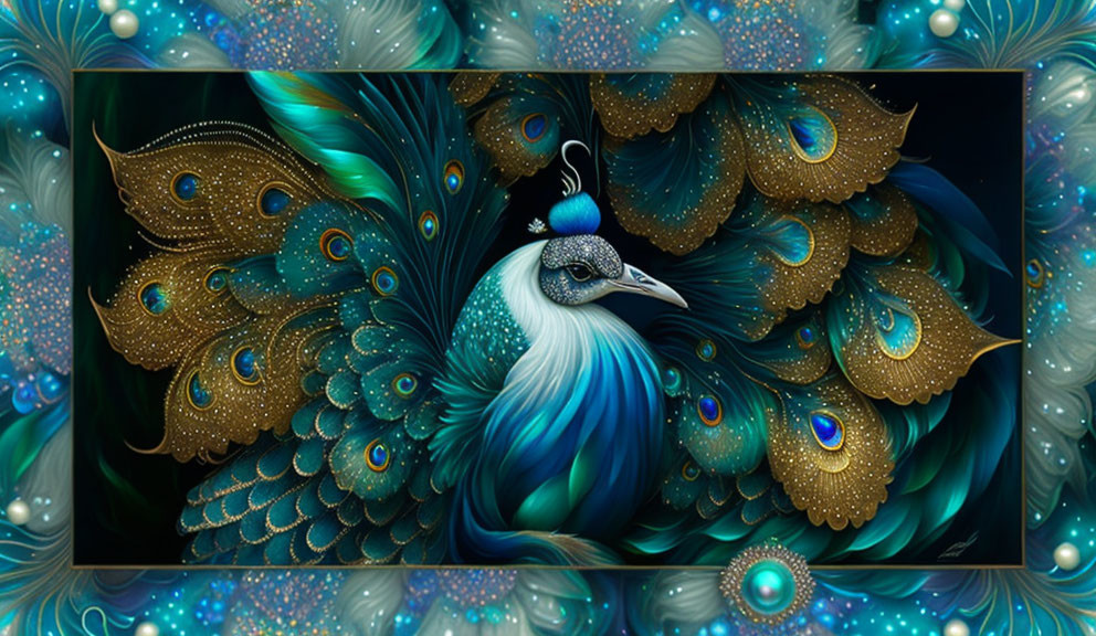 Colorful digital artwork: Peacock with intricate blue patterns