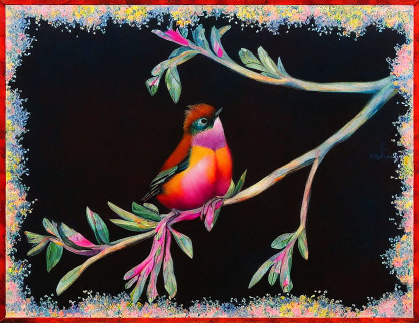 Colorful Bird Perched on Blossoming Branch in Vibrant Painting