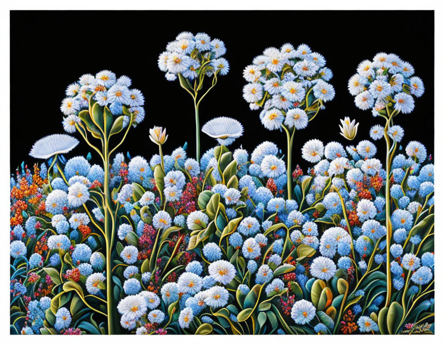 Colorful floral painting featuring white and yellow flowers in a sea of blue and orange blooms on black backdrop