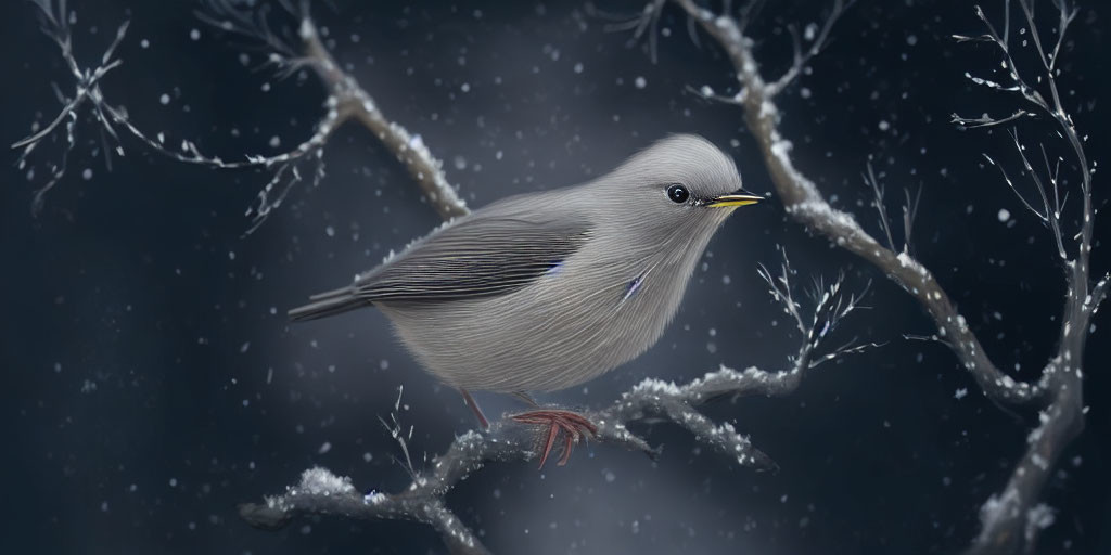 Gray bird with yellow beak on snowy branch in dark background