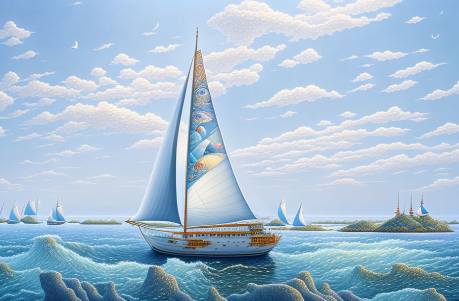 Surreal sailboat with ornate artistic sail on wavy seas