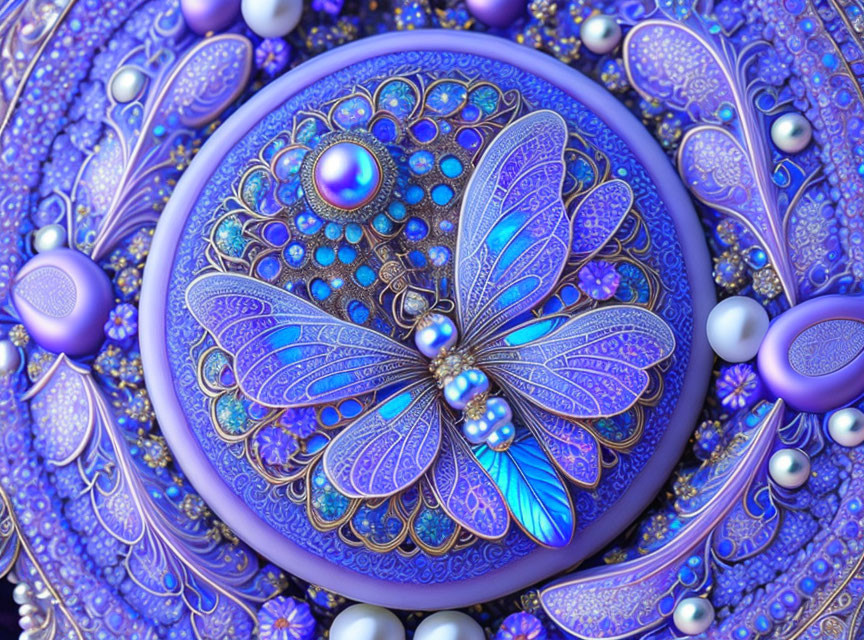 Detailed Blue and Purple Fractal Image with Butterfly Design