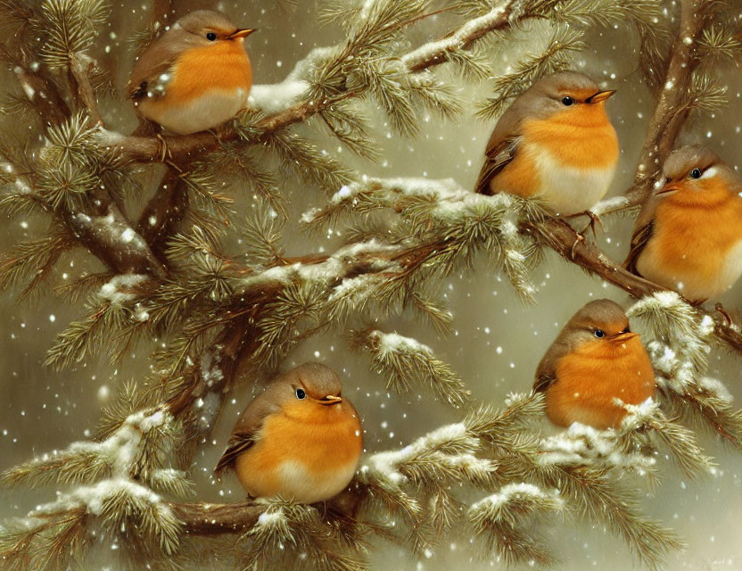 Five Orange-Breasted Birds on Snowy Pine Branches in Winter