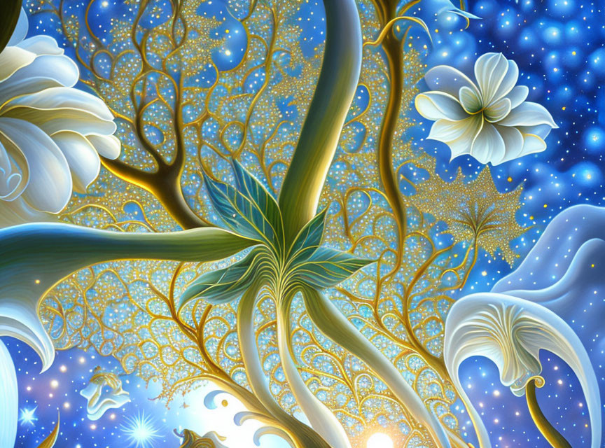 Fantastical white flowers and golden branches under starry sky