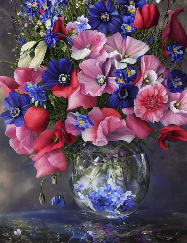 Colorful Flower Bouquet in Clear Glass Vase on Moody Background