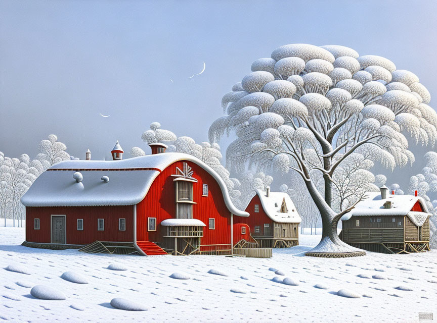 Tranquil winter landscape with red barn and snowy trees