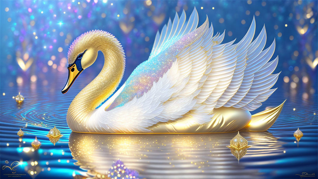 Golden Swan Gliding on Blue Water with Sparkling Wings