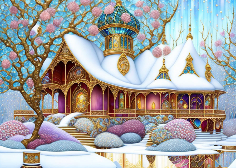 Snow-covered fantastical palace with ornate architecture and stained glass windows.