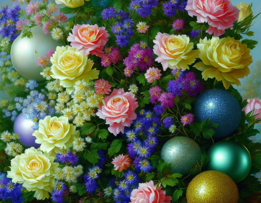 Colorful Easter flower arrangement with glittery eggs nestled among petals.