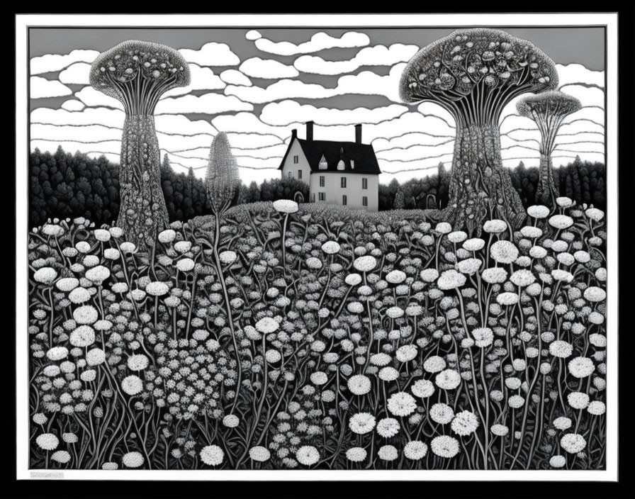 Monochrome surreal landscape with oversized dandelions and mushroom-like trees around a small house