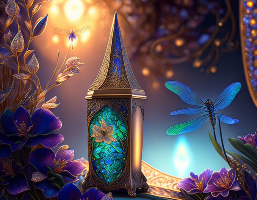 Intricate Blue Glass Lantern with Flowers and Dragonflies in Twilight