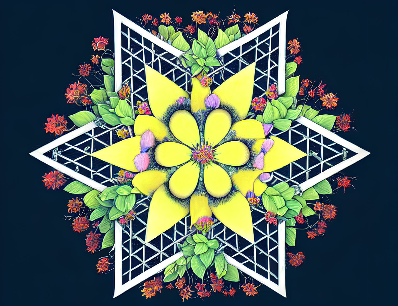 Symmetrical star mandala with intricate floral designs on dark background