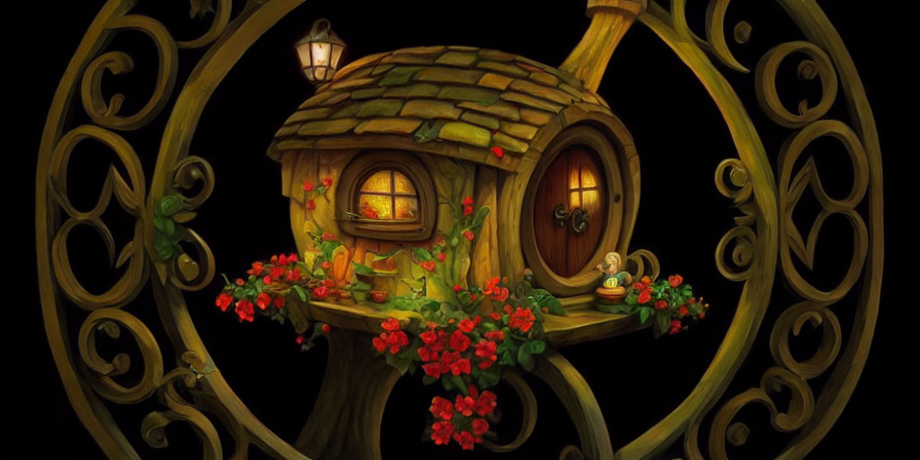 Whimsical treehouse illustration with lantern light and floral frames