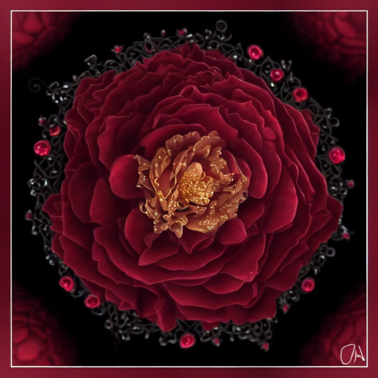 Detailed Red Rose with Intricate Patterns on Dark Background