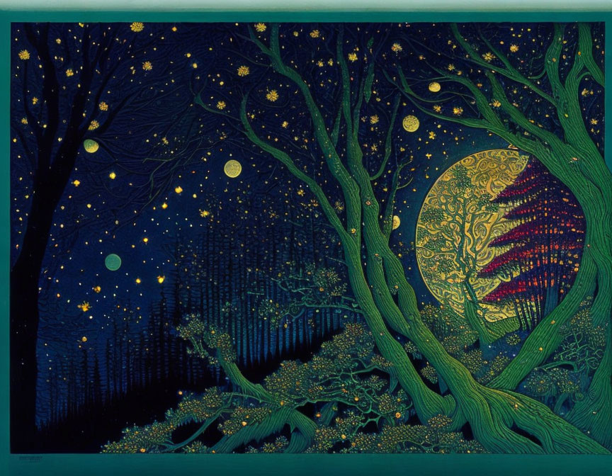 Fantastical night forest illustration with large moon and stars