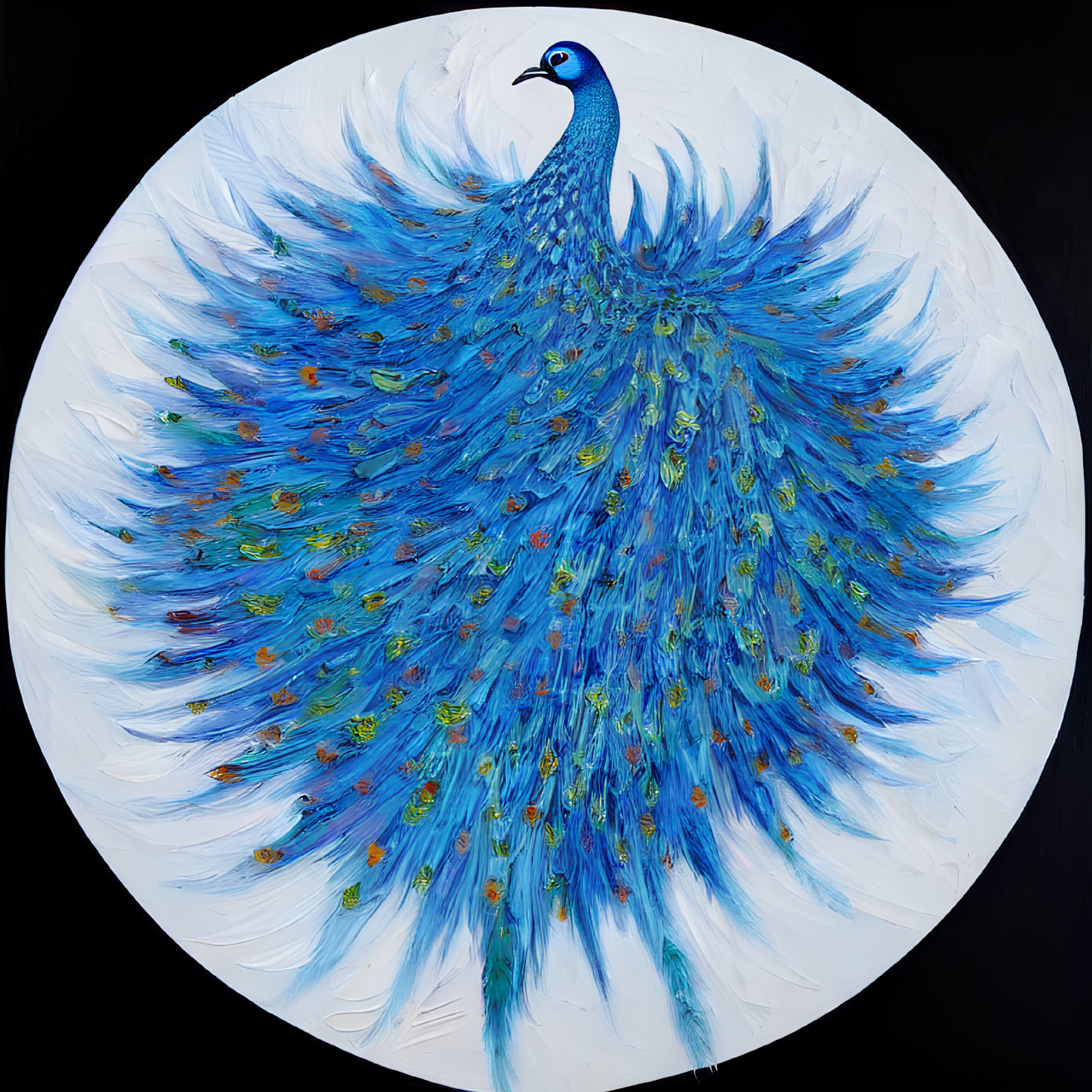 Circular Peacock Painting in Blue, Green, and Gold