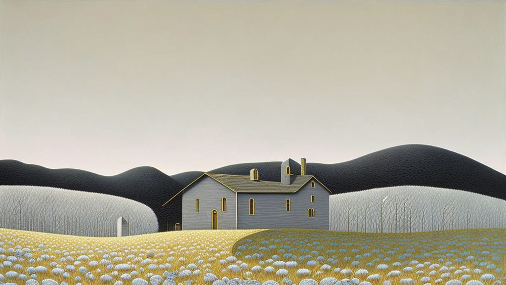 Tranquil landscape with solitary house and circular patterns on rolling hills