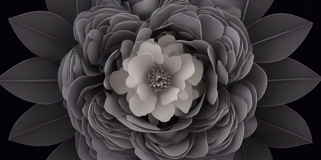 Monochromatic digital artwork of intricate flower with overlapping petals in grayscale.