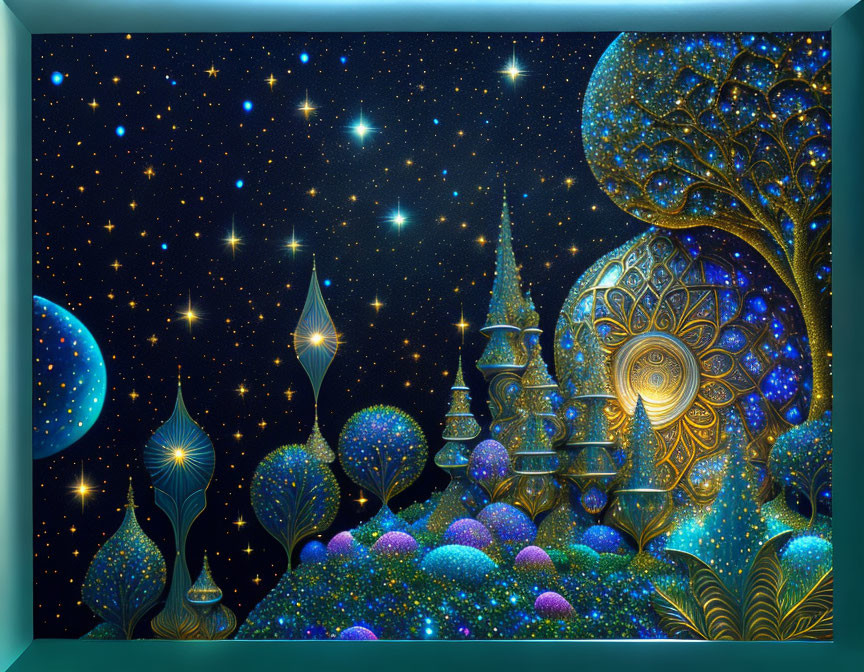 Fantastical cosmic landscape with glowing celestial bodies and luminescent trees